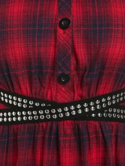 New Retro Stage 1930s Scottish Plaid Lapel Belt Blouse