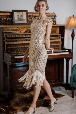 Discount Retro Stage 1920s Sequin Beaded Fringed Dress