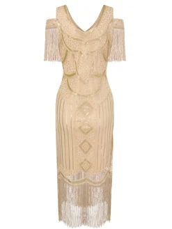 Clearance Retro Stage 1920s Sequin Beaded Tassel Gastby Dress