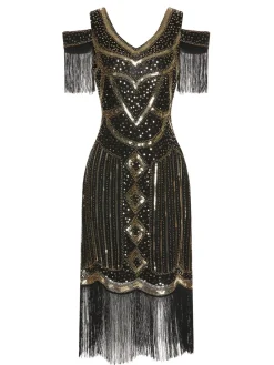 Clearance Retro Stage 1920s Sequin Beaded Tassel Gastby Dress
