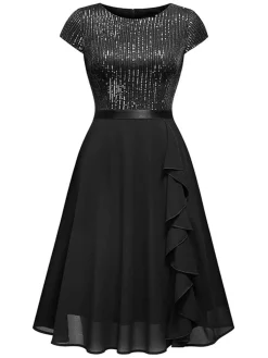 Sale Retro Stage 1940s Sequin Chiffon Ruffle Trim Swing Dress