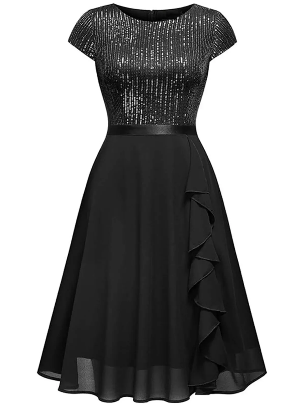 Sale Retro Stage 1940s Sequin Chiffon Ruffle Trim Swing Dress