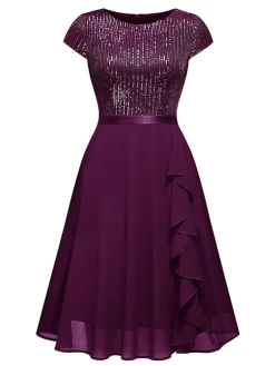 Sale Retro Stage 1940s Sequin Chiffon Ruffle Trim Swing Dress