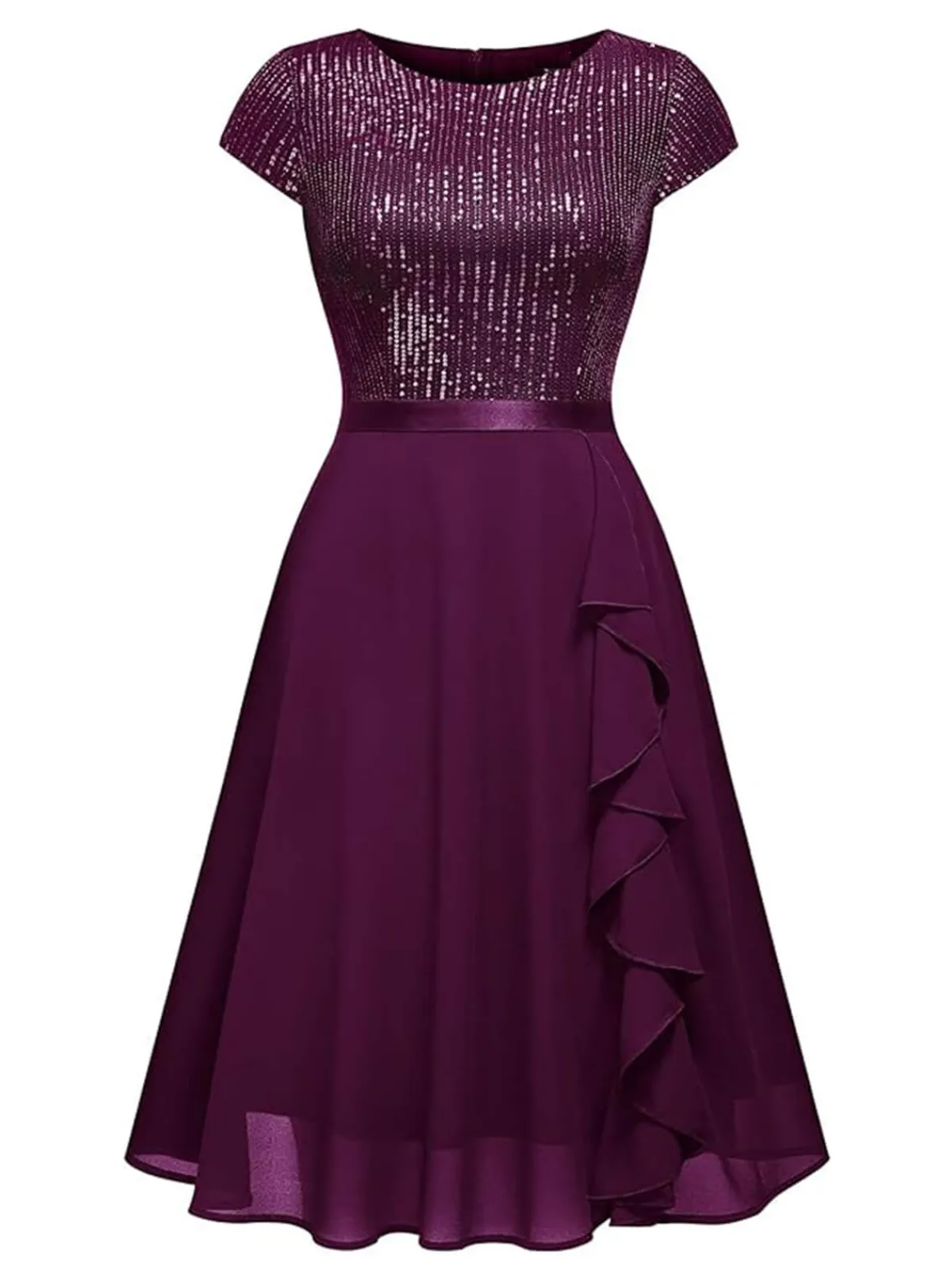 Sale Retro Stage 1940s Sequin Chiffon Ruffle Trim Swing Dress