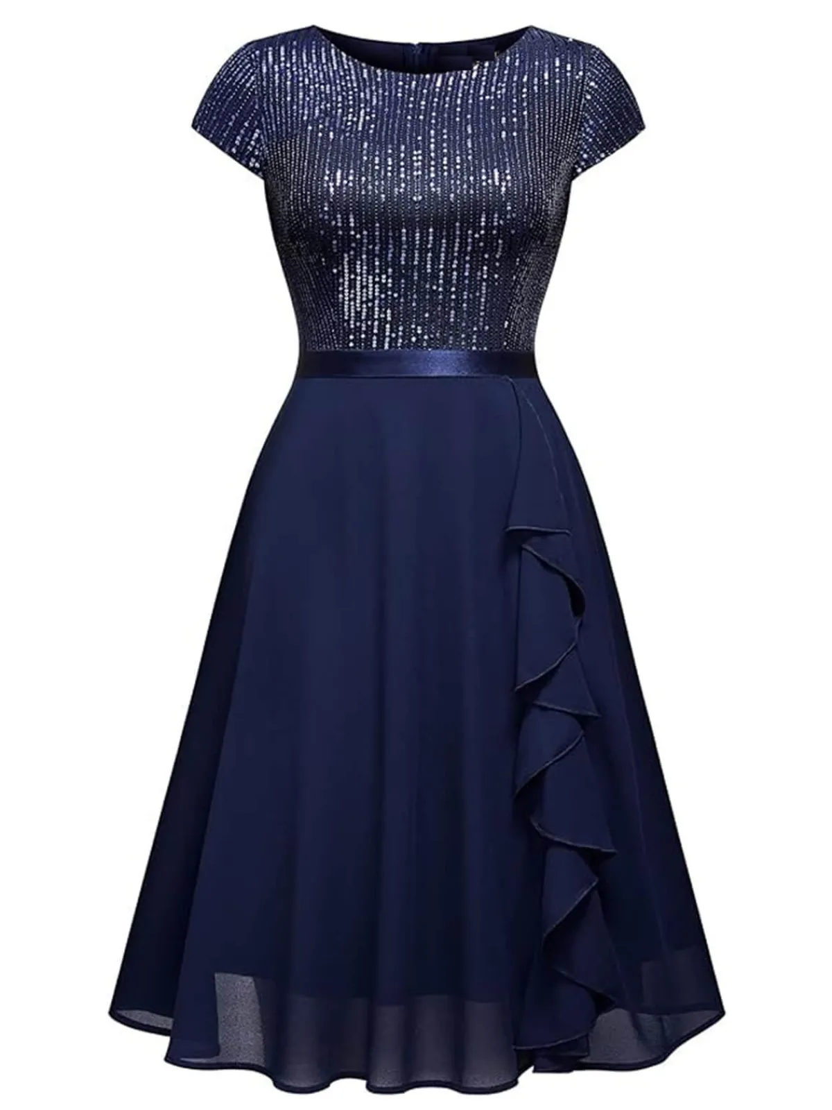 Sale Retro Stage 1940s Sequin Chiffon Ruffle Trim Swing Dress