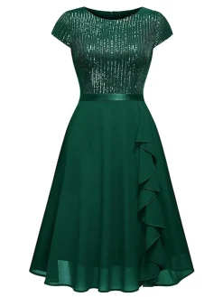 Sale Retro Stage 1940s Sequin Chiffon Ruffle Trim Swing Dress