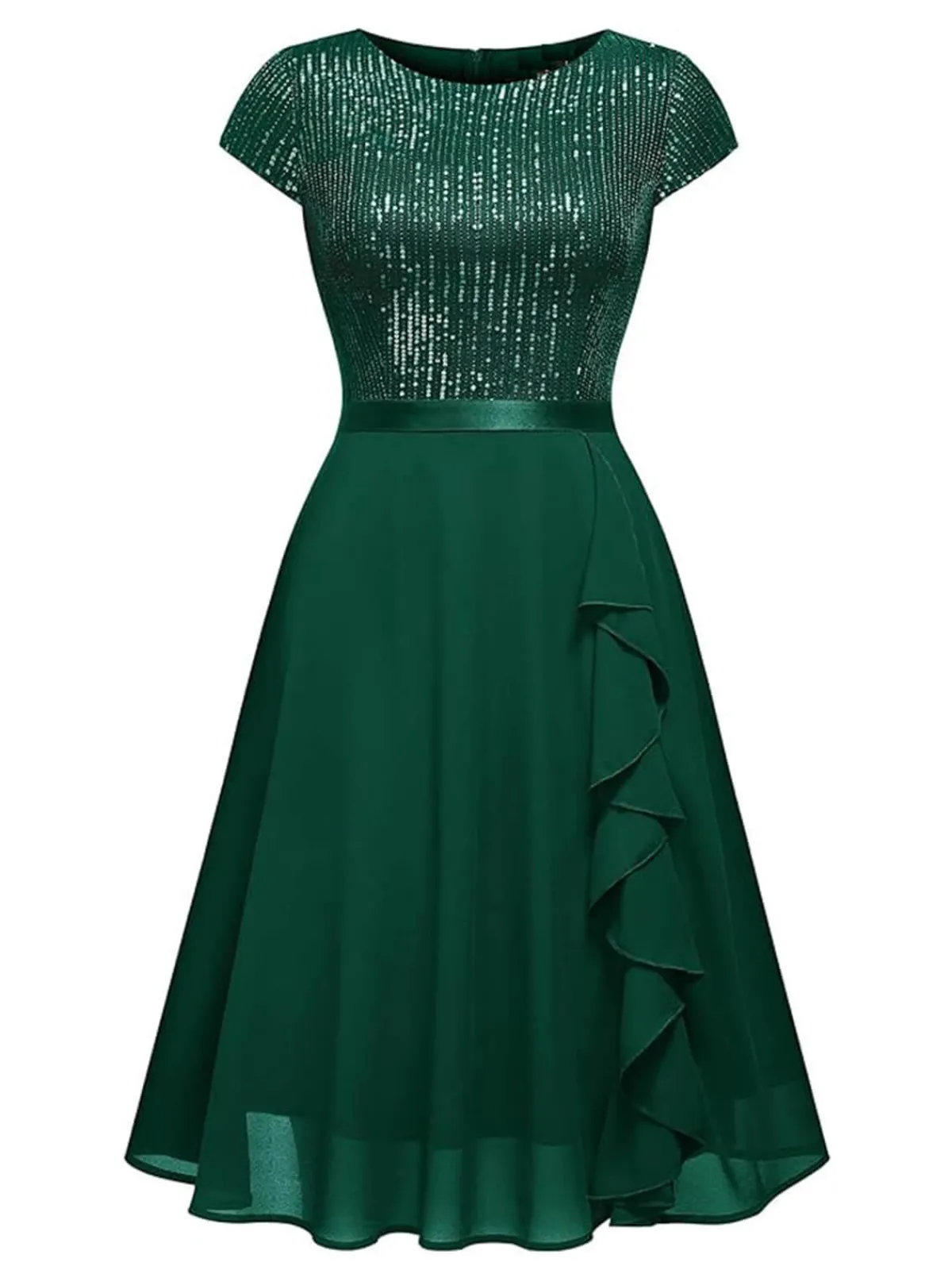Sale Retro Stage 1940s Sequin Chiffon Ruffle Trim Swing Dress