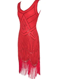 Fashion Retro Stage 1920s Sequin Fringed Flapper Dresses Red