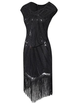 Outlet Retro Stage 1920s Sequin Fringed Gatsby Dress Black