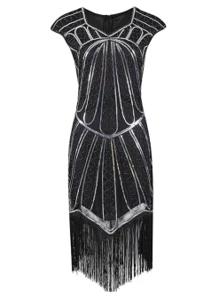 Discount Retro Stage 1920s Sequin Fringed Gatsby Dress Silver