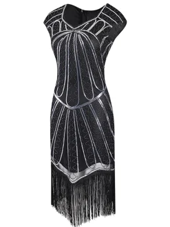 Discount Retro Stage 1920s Sequin Fringed Gatsby Dress Silver