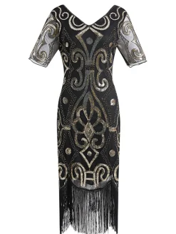 Fashion Retro Stage 1920s Sequin Fringed Gatsby Dress Gold