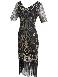 Fashion Retro Stage 1920s Sequin Fringed Gatsby Dress Gold