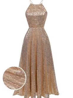 Best Retro Stage 1920s Sequined Backless Halter Dress Skin Color
