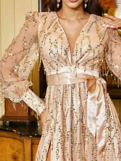 Hot Retro Stage 1920s Sequined Deep V-Neck Side Slit Maxi Dress