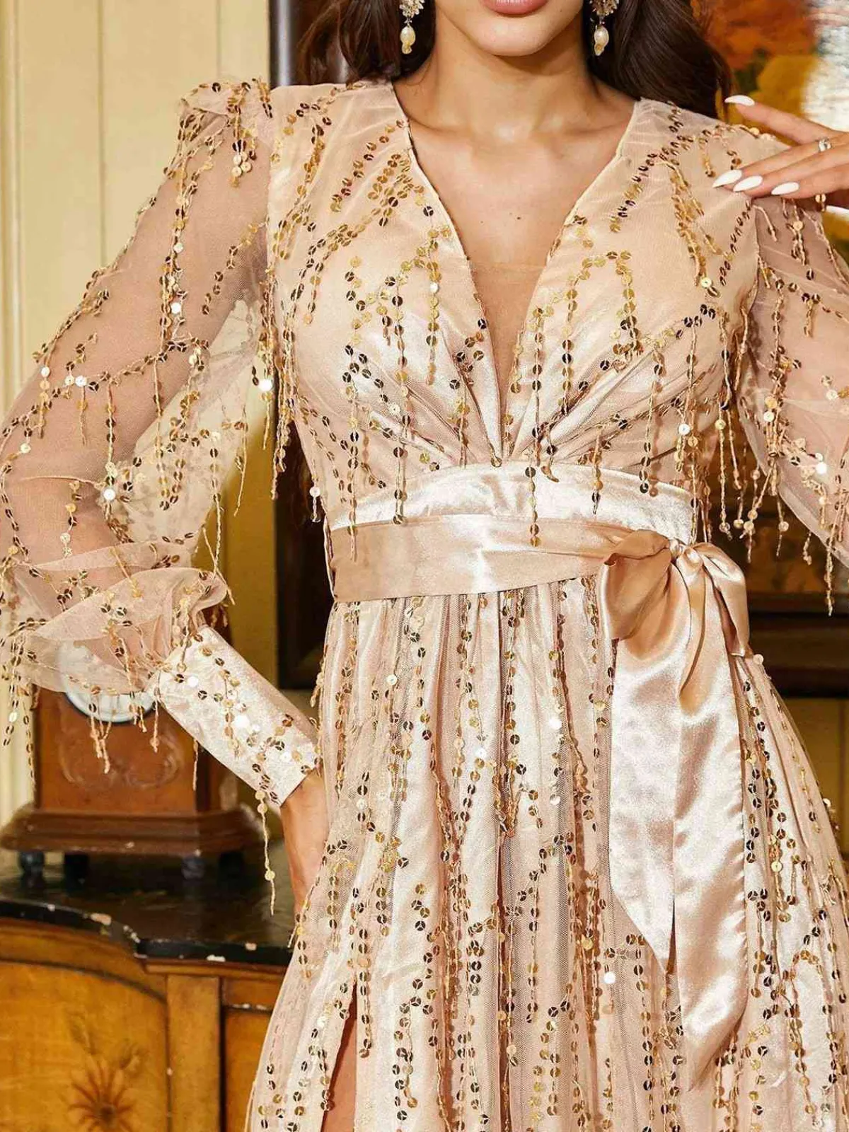 Hot Retro Stage 1920s Sequined Deep V-Neck Side Slit Maxi Dress