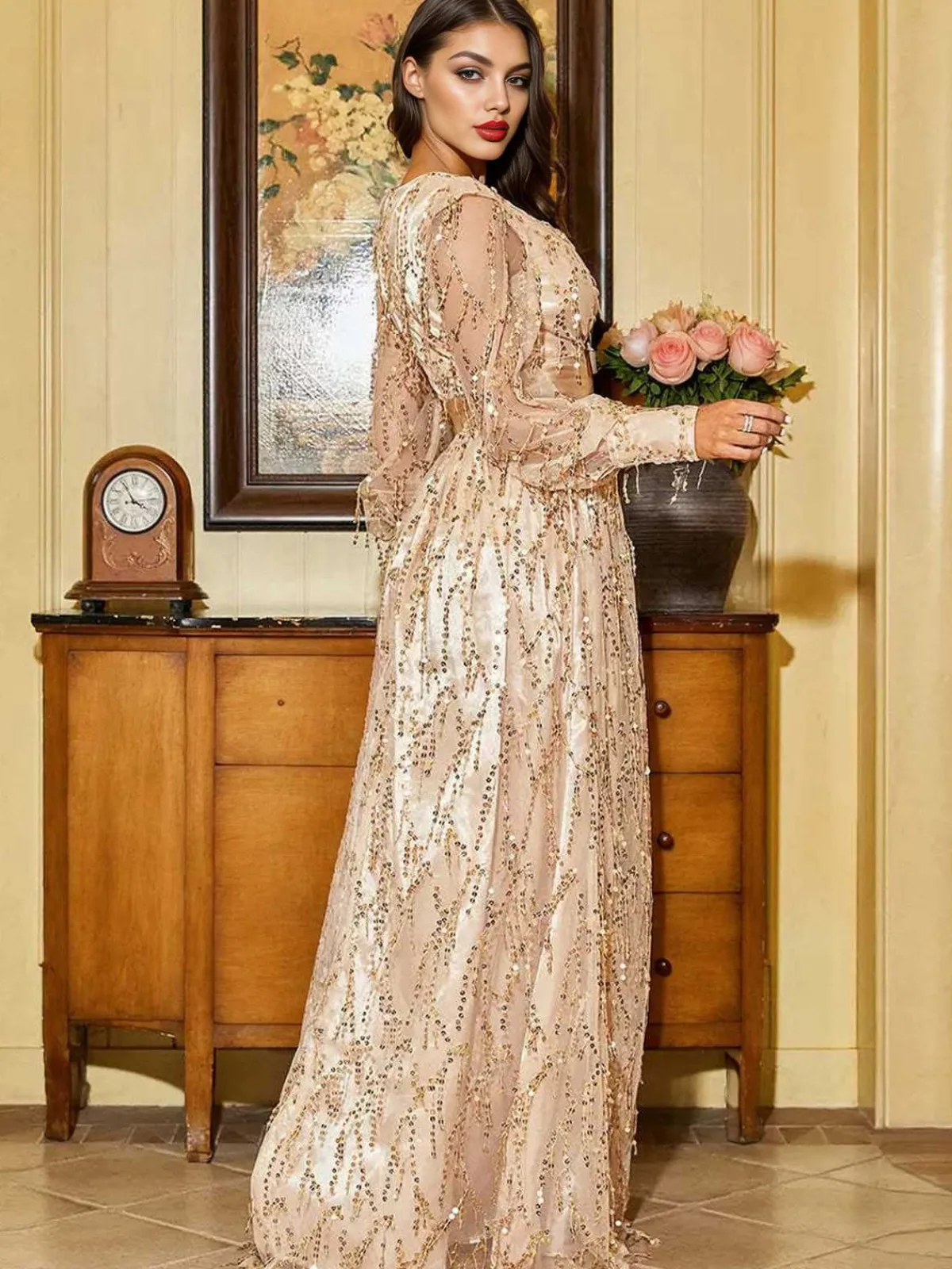 Hot Retro Stage 1920s Sequined Deep V-Neck Side Slit Maxi Dress