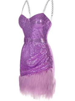 Outlet Retro Stage 1970s Sequined Feather Spaghetti Strap Dress