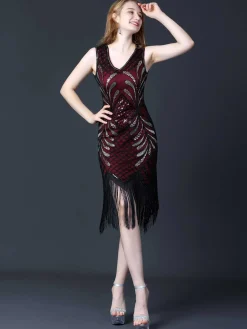 Sale Retro Stage 1920s Sequined Fringe Flapper Sleeveless Dress