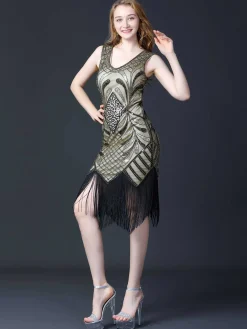 Sale Retro Stage 1920s Sequined Fringe Flapper Sleeveless Dress