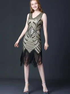 Sale Retro Stage 1920s Sequined Fringe Flapper Sleeveless Dress