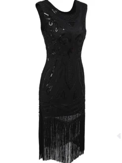 Discount Retro Stage 1920s Sequined Fringe Flapper Dress Black