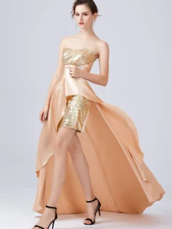 Outlet Retro Stage 1920s Sequined Long Tail Bridesmaid Dress Apricot