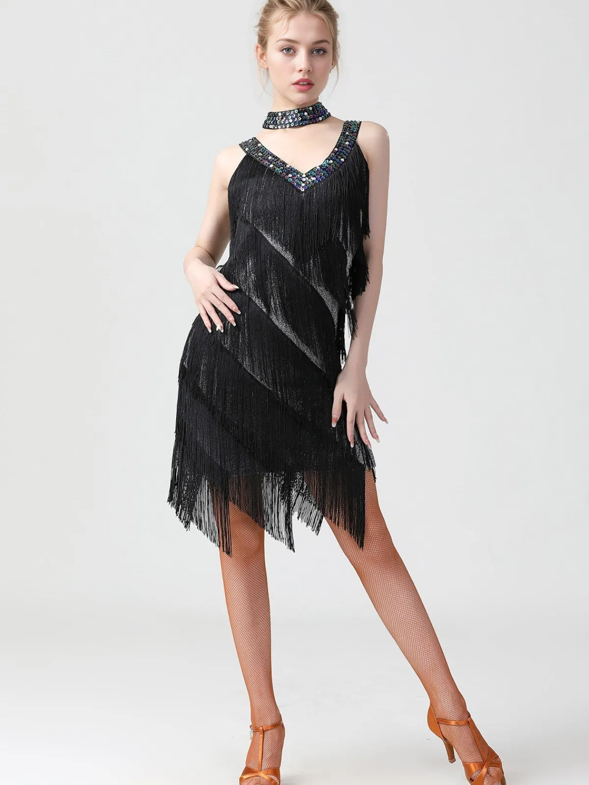 Best Retro Stage 1920s Sequined Sleeveless Fringed Hem Dress