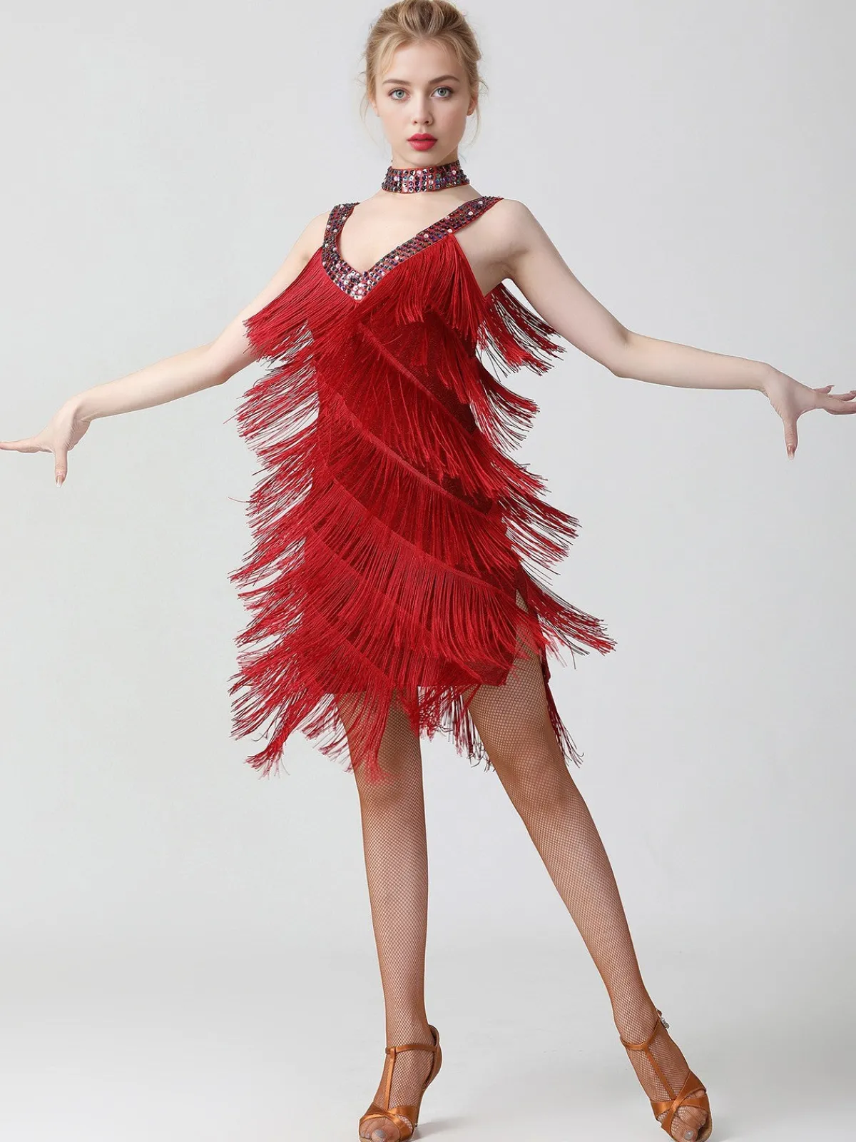 Best Retro Stage 1920s Sequined Sleeveless Fringed Hem Dress