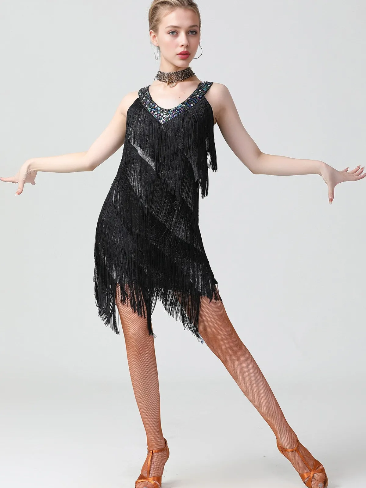 Best Retro Stage 1920s Sequined Sleeveless Fringed Hem Dress