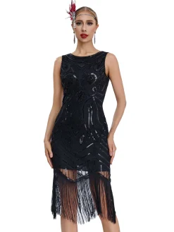 New Retro Stage 1920s Sequined Sleeveless Fringed Hem Dress