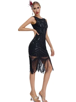 New Retro Stage 1920s Sequined Sleeveless Fringed Hem Dress