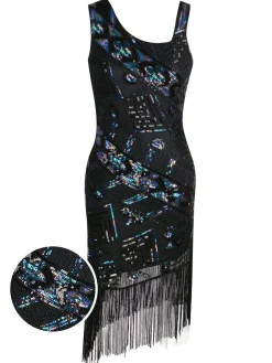 Clearance Retro Stage 1920s Sequined Tassel Asymmetrical Dress Black