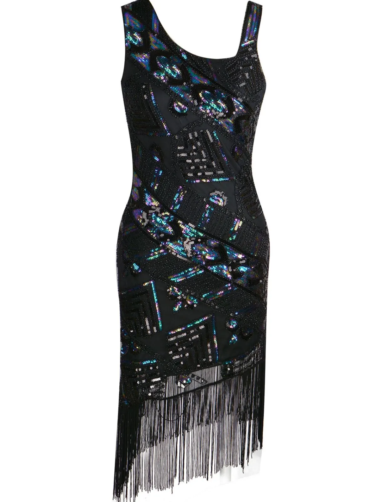 Clearance Retro Stage 1920s Sequined Tassel Asymmetrical Dress Black