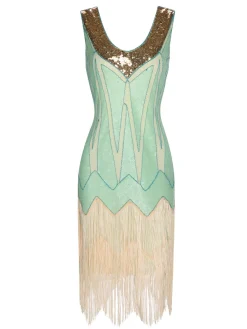 Sale Retro Stage 1920s Sequined Tassel V-Neck Dress