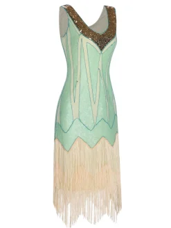 Sale Retro Stage 1920s Sequined Tassel V-Neck Dress