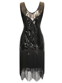 Sale Retro Stage 1920s Sequined Tassel V-Neck Dress