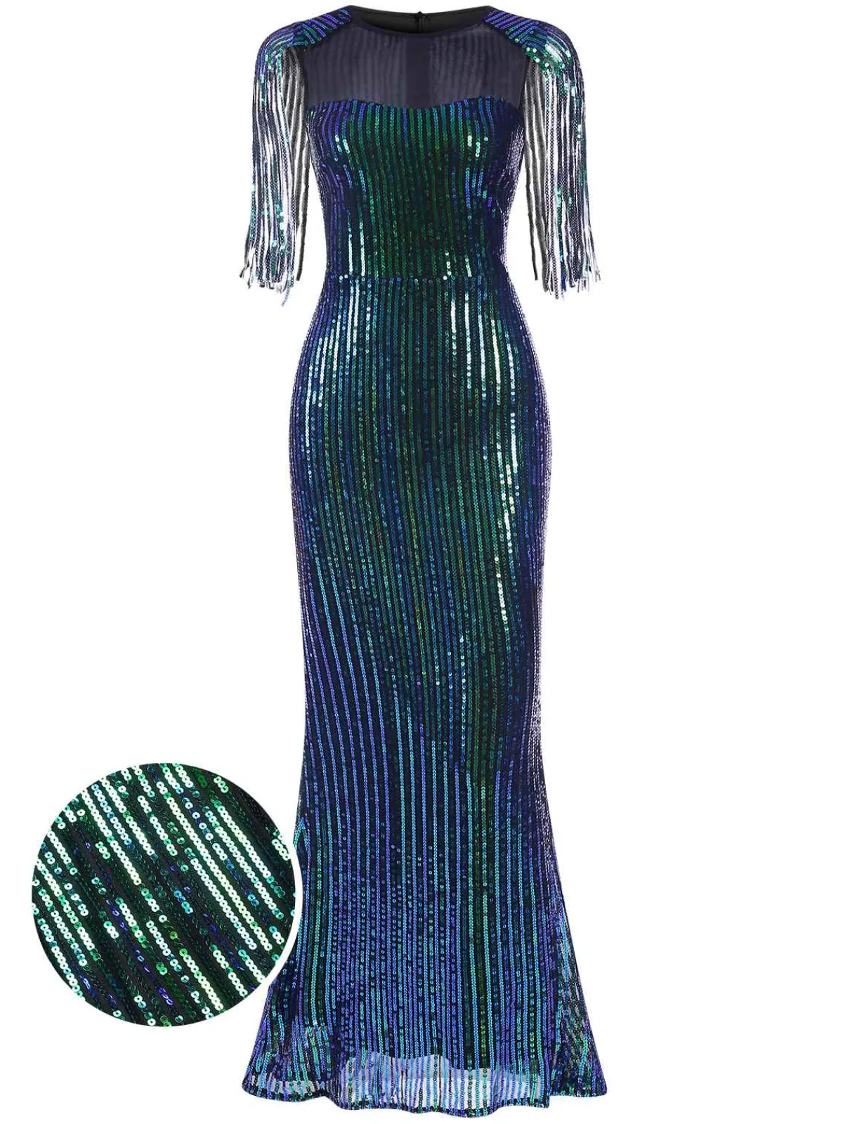 Fashion Retro Stage 1930s Sequined Tassels Mesh Patchwork Dress