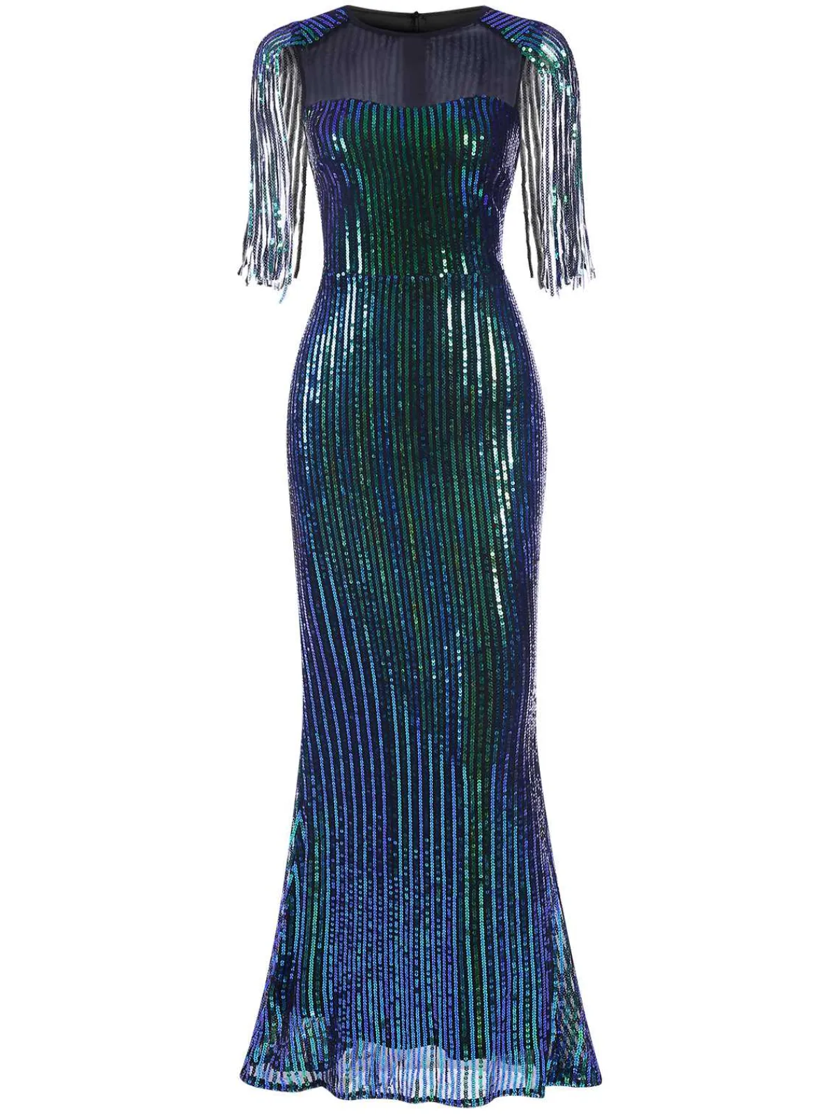 Fashion Retro Stage 1930s Sequined Tassels Mesh Patchwork Dress