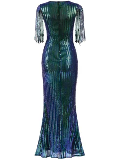 Fashion Retro Stage 1930s Sequined Tassels Mesh Patchwork Dress