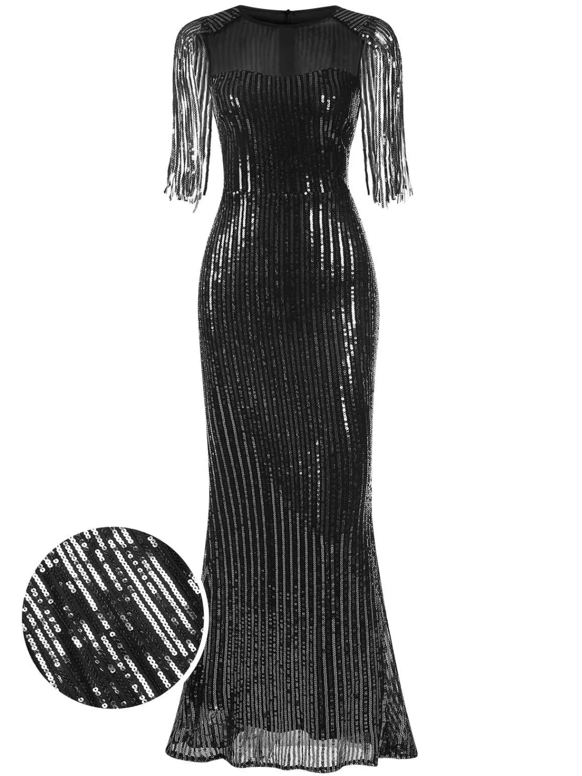Fashion Retro Stage 1930s Sequined Tassels Mesh Patchwork Dress