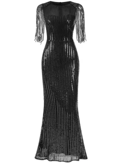 Fashion Retro Stage 1930s Sequined Tassels Mesh Patchwork Dress