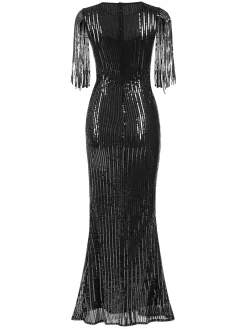 Fashion Retro Stage 1930s Sequined Tassels Mesh Patchwork Dress