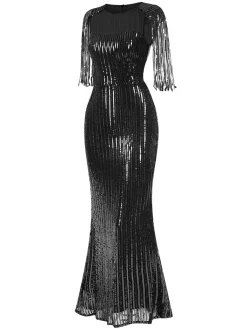 Fashion Retro Stage 1930s Sequined Tassels Mesh Patchwork Dress