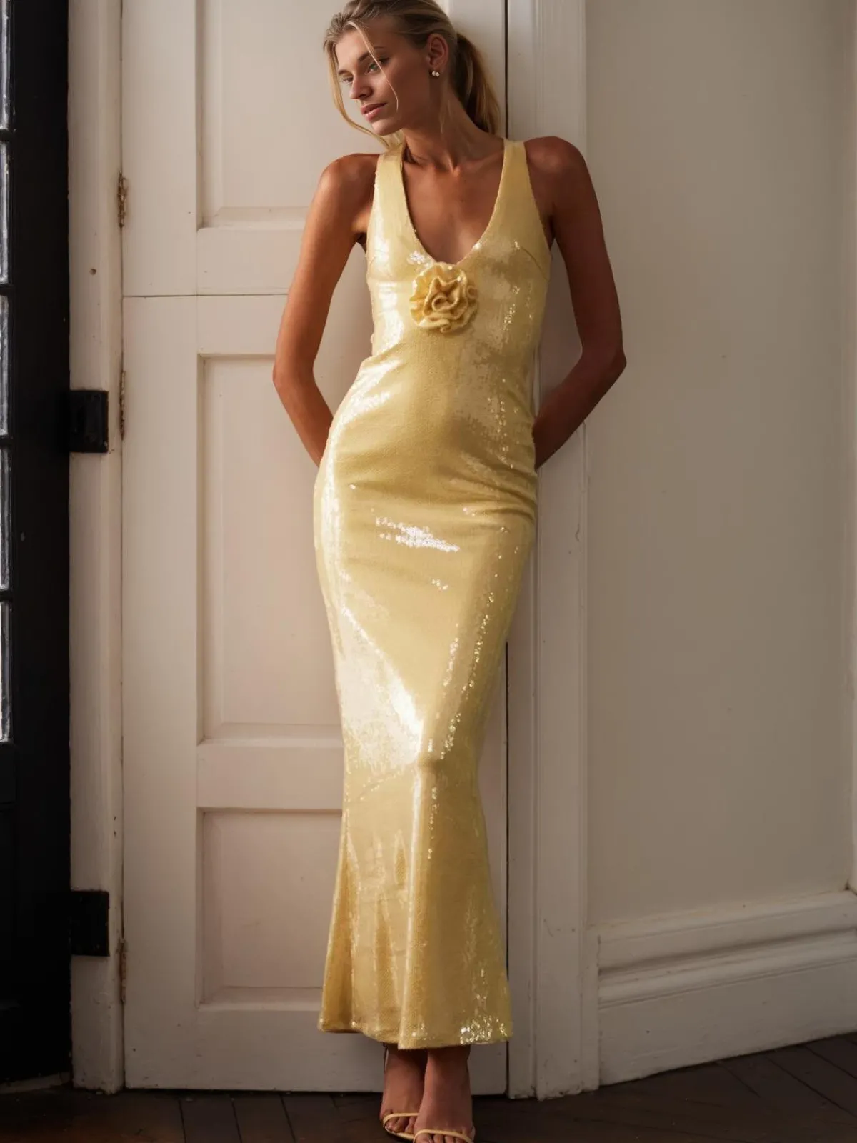 Hot Retro Stage 1930s Sequined V-Neck 3D Flower Dress