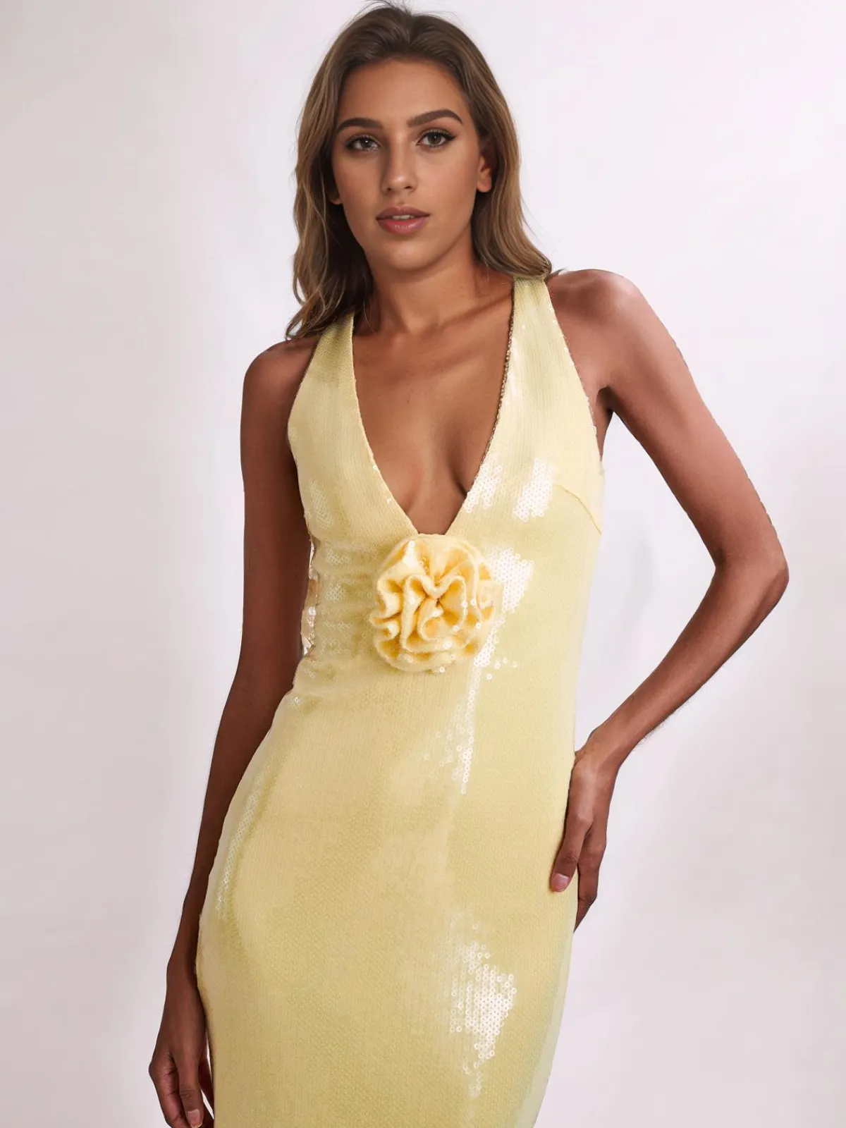 Hot Retro Stage 1930s Sequined V-Neck 3D Flower Dress