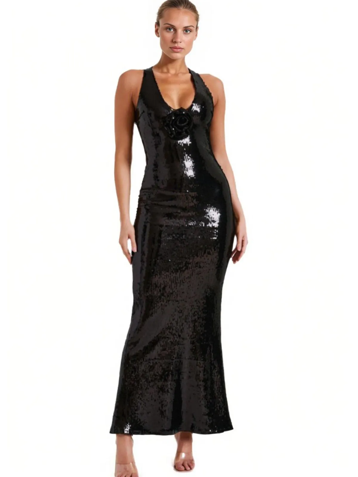 Hot Retro Stage 1930s Sequined V-Neck 3D Flower Dress