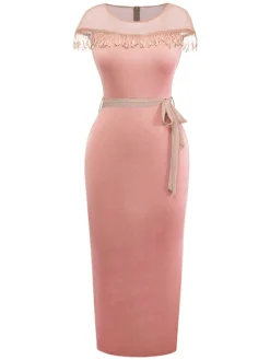 Fashion Retro Stage 1960s Sheer Fringe Belted Bodycon Dress