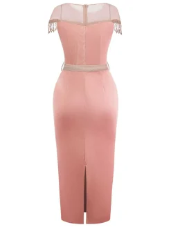 Fashion Retro Stage 1960s Sheer Fringe Belted Bodycon Dress