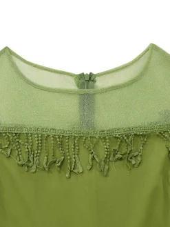 Fashion Retro Stage 1960s Sheer Fringe Belted Bodycon Dress